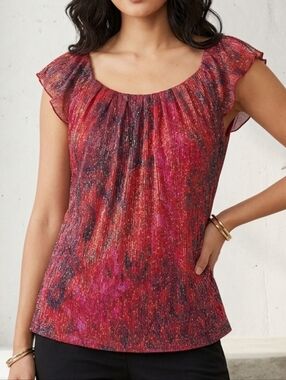 Sara Michelle Blouse women Shimmer Flutter Sleeve Blouse - Red Abstract Print S